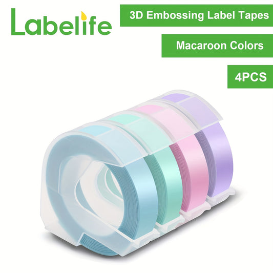 Labelife Plastic 3D Embossing Label Tape Self-Adhesive Compatible For Dymo Label Makers Organizer Xpress Pro, Office Mate II, Omega S, 3/8 In X 9.8 Ft, Macaroon Light Blue/Green/Pink/Purple, 4-Pack