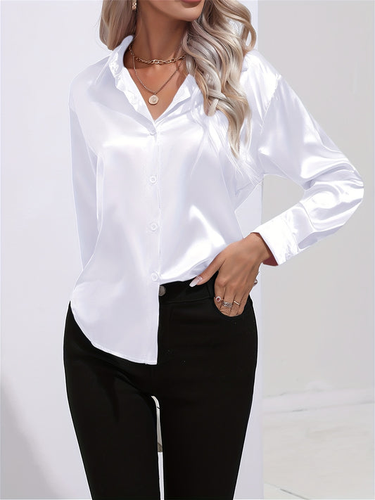 Solid Smoothly Shirt, Elegant Button Front Turn Down Collar Long Sleeve Shirt, Women's Clothing