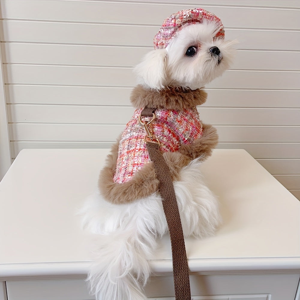 Luxury Dog Clothes, Spring And Autumn Plaid Cape With Leash And Beret Set For Dog, Coat Basic And Chic Tweed Fabric, Chest Adjustable, Pet Clothes