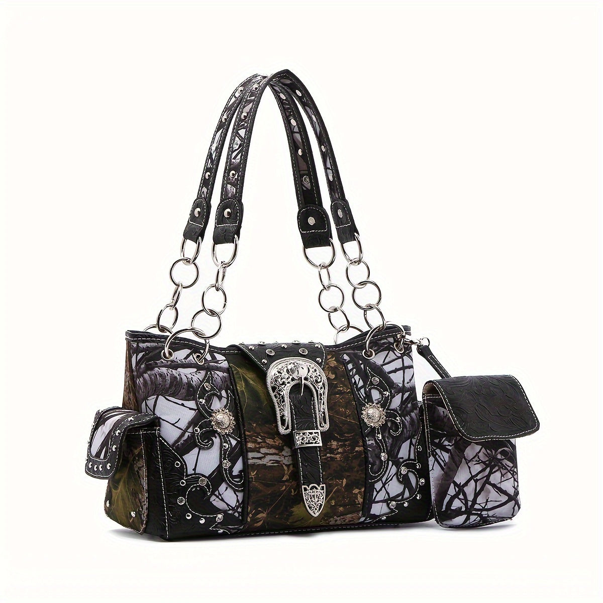 Western Style Camouflage Handbag, Concho Buckle Tooled Floral Country Studs Crossbody Women's Tote, Shoulder Bag, Purse Set