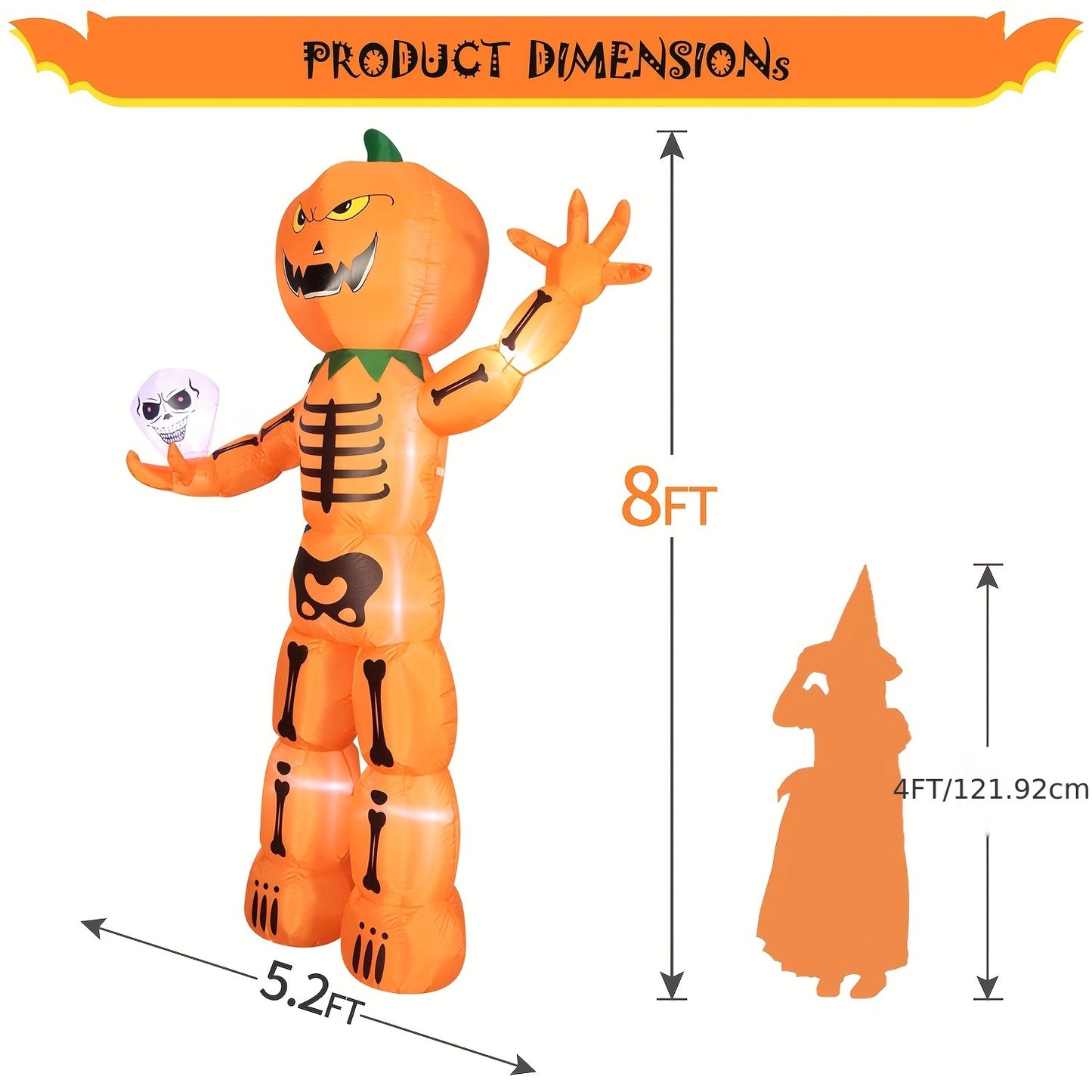 Halloween Inflatable Blow Up Decorations, 8FT Giant Skeleton Stacked Pumpkin Man Holding Skull, Built-in LEDs For Holiday Party, Garden, Lawn, Yard, Patio Décor