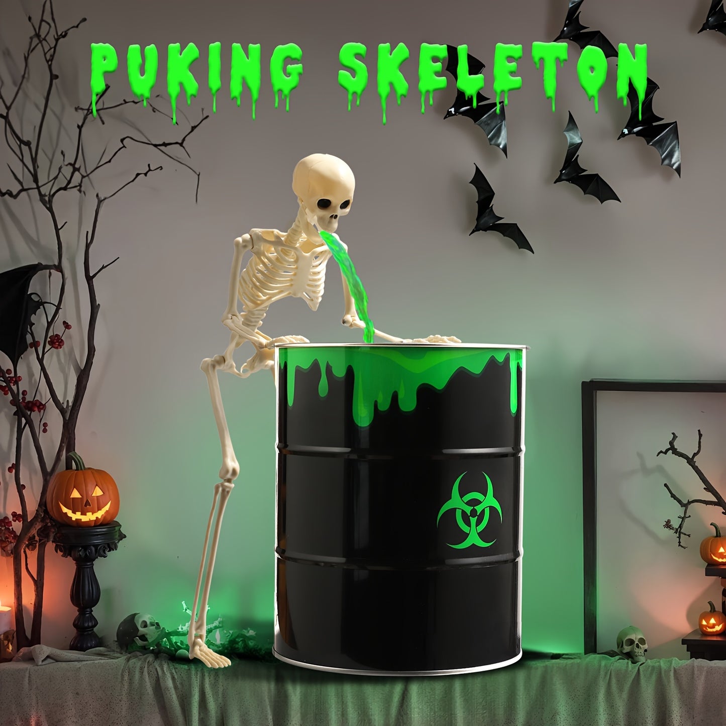 Indoor Halloween Decorations - Vomiting Skull Toxic Waste Can For Halloween Party Decoration Room Home Mantel