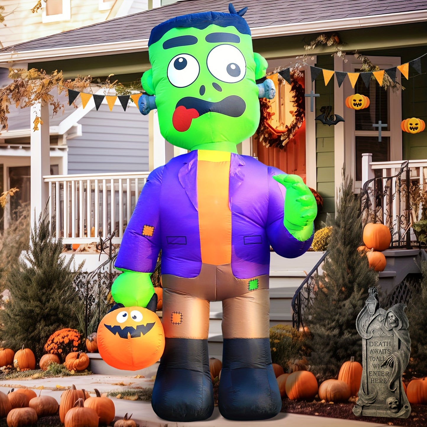 Halloween Inflatable Blow Up Decorations, 8FT Green Zombies Holding Pumpkin, Built-in LEDs For Holiday Party, Garden, Lawn, Yard, Patio Décor