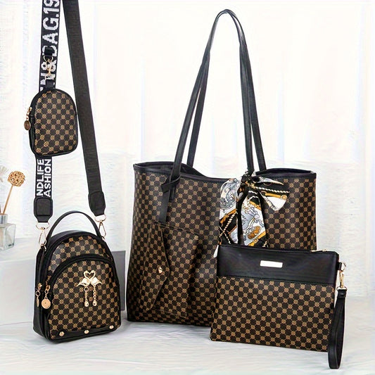 Casual Polka Dot Faux Leather Bag Set for Women - 5 Piece Combo with Shoulder Bag, Tote, Clutch, Crossbody & Pouch - Magnet Closure, Polyester Lined, Non-Washable, from Guangzhou - Occasion Ready