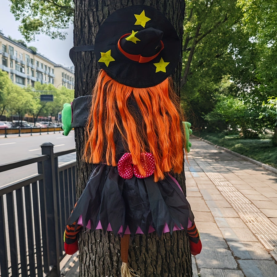 Festive Halloween Tree Climbing Witch with Orange Hair, Outdoor Decoration, Age 14+, Polyester Fabric