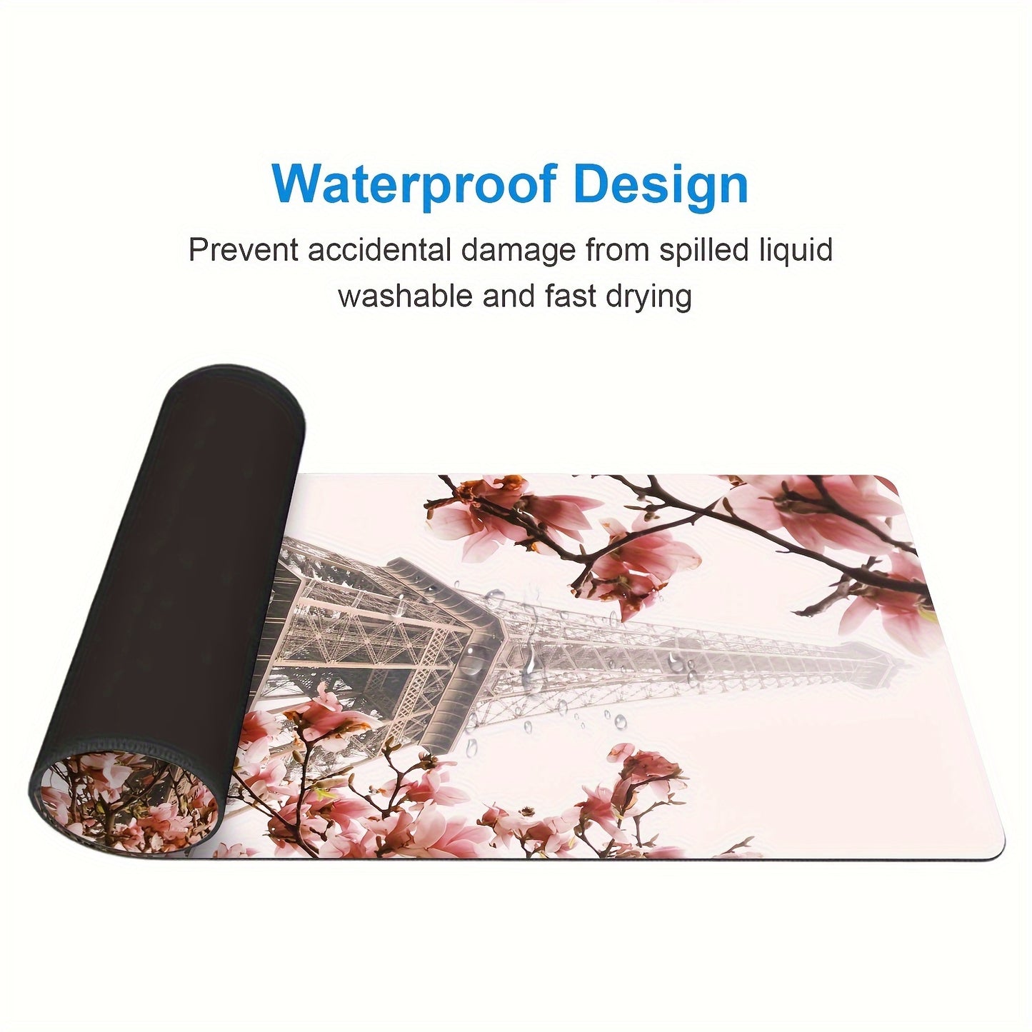 Eiffel Tower and Cherry Blossoms Design Large Desk Mat - Washable Rubber Mouse Pad, Durable Non-Slip Office and Home Keyboard Pad with No Battery Required