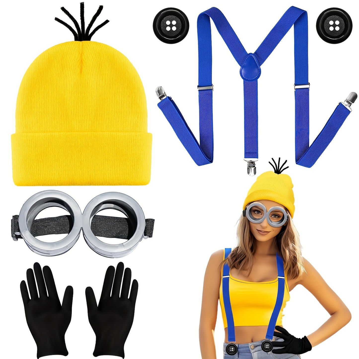 Adult Yellow Cartoon Costume Set with Big Eyes Goggles & Hat - Perfect for Fancy Dress Parties & Cosplay