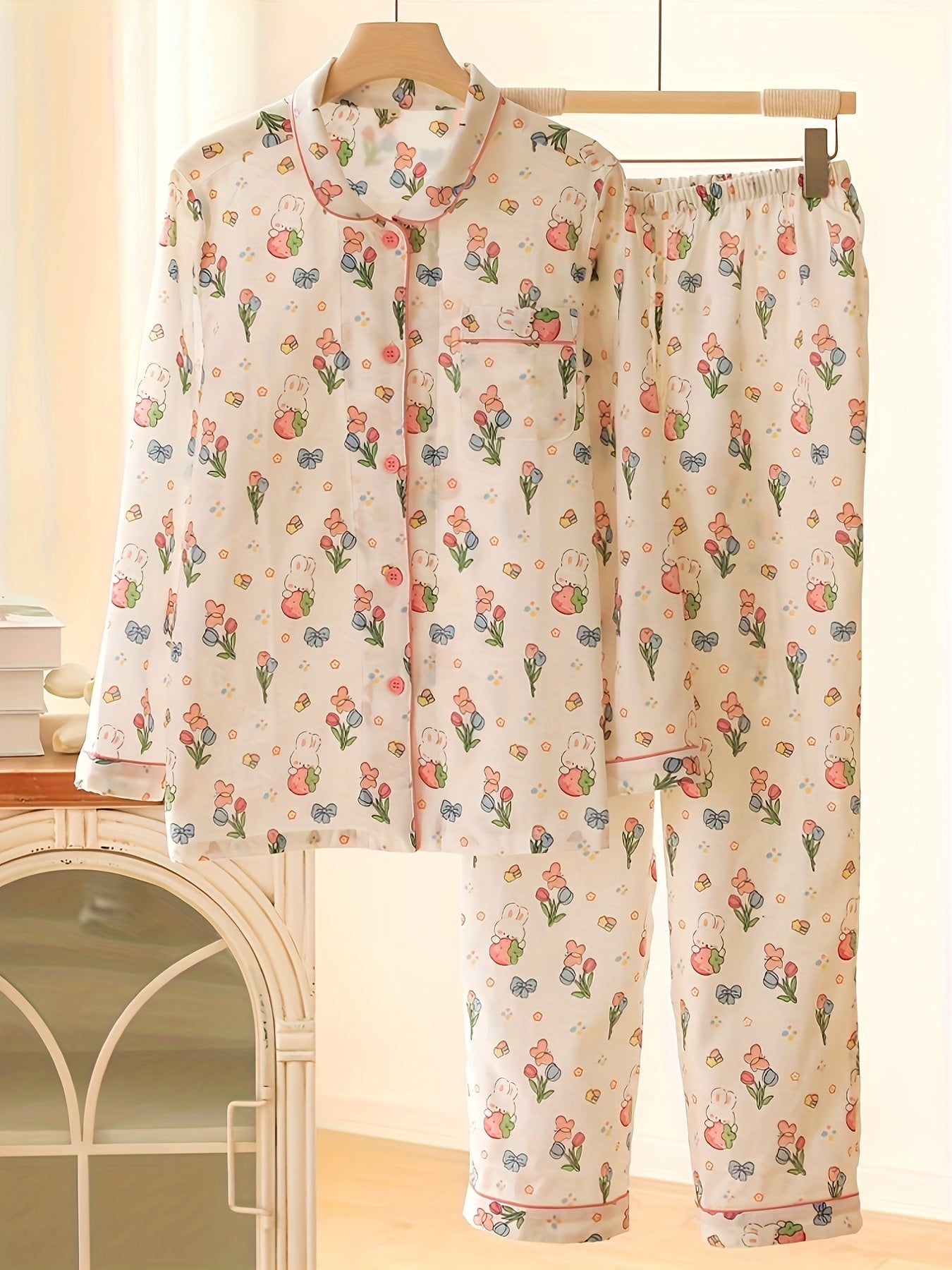 Women's Cute Bunny & Tulip Print Lounge Set, Long Sleeve Buttons Lapel Top & Pants, Comfortable Relaxed Fit For Fall