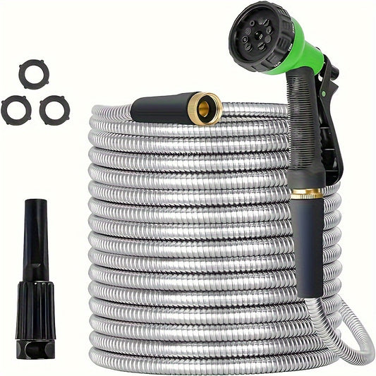 Garden Hose 25ft, 304 Stainless Steel Heavy Duty Water Hose With 1 Nozzles for 7 Functions, No Tangle and Kink,Lightweight