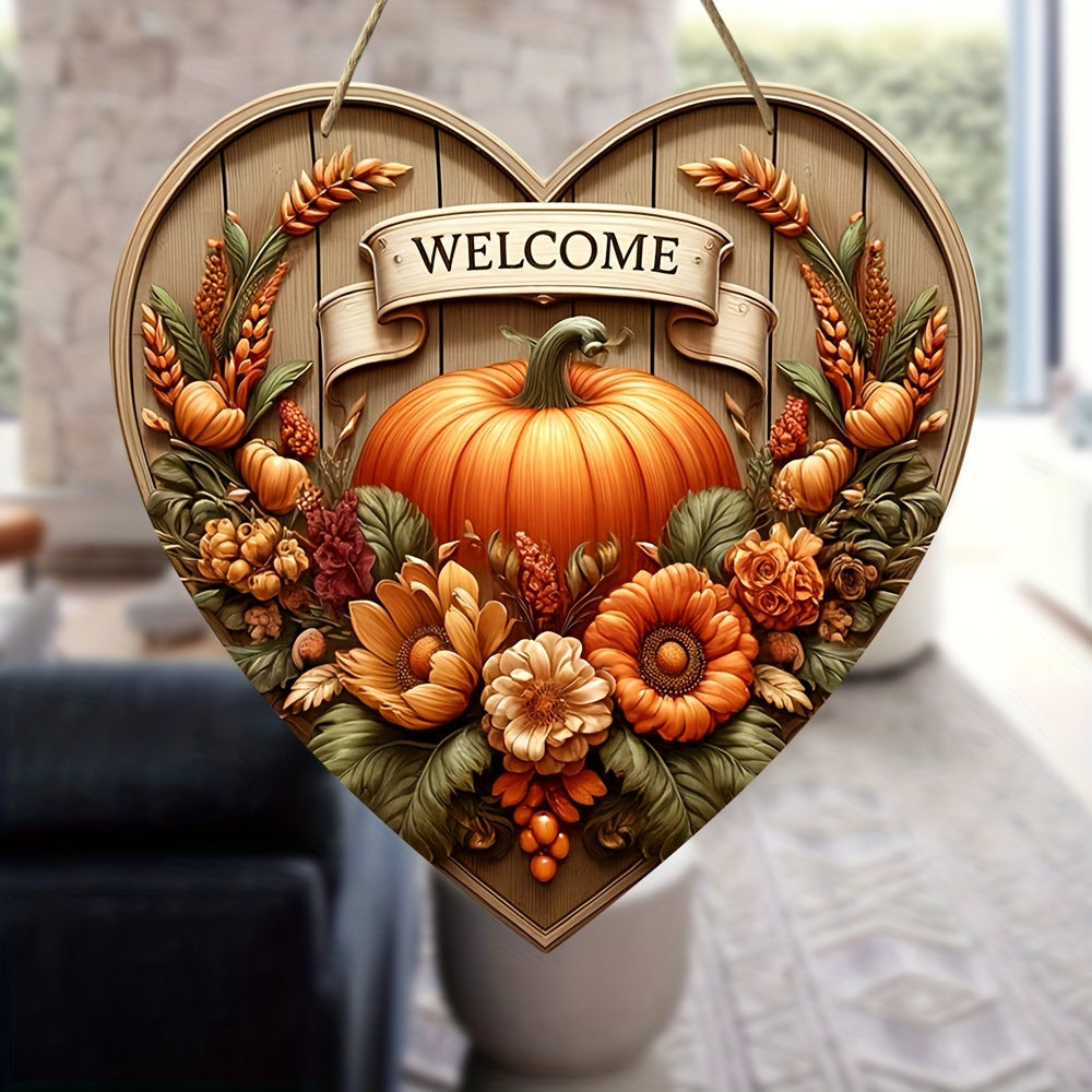 Charming Pumpkin Welcome Sign - 7.9"x7.9" Heart-Shaped Wooden Autumn Harvest Decor for Home, Cafe, Bar, Porch & Farm - Perfect for Fall & Holiday Wall Art