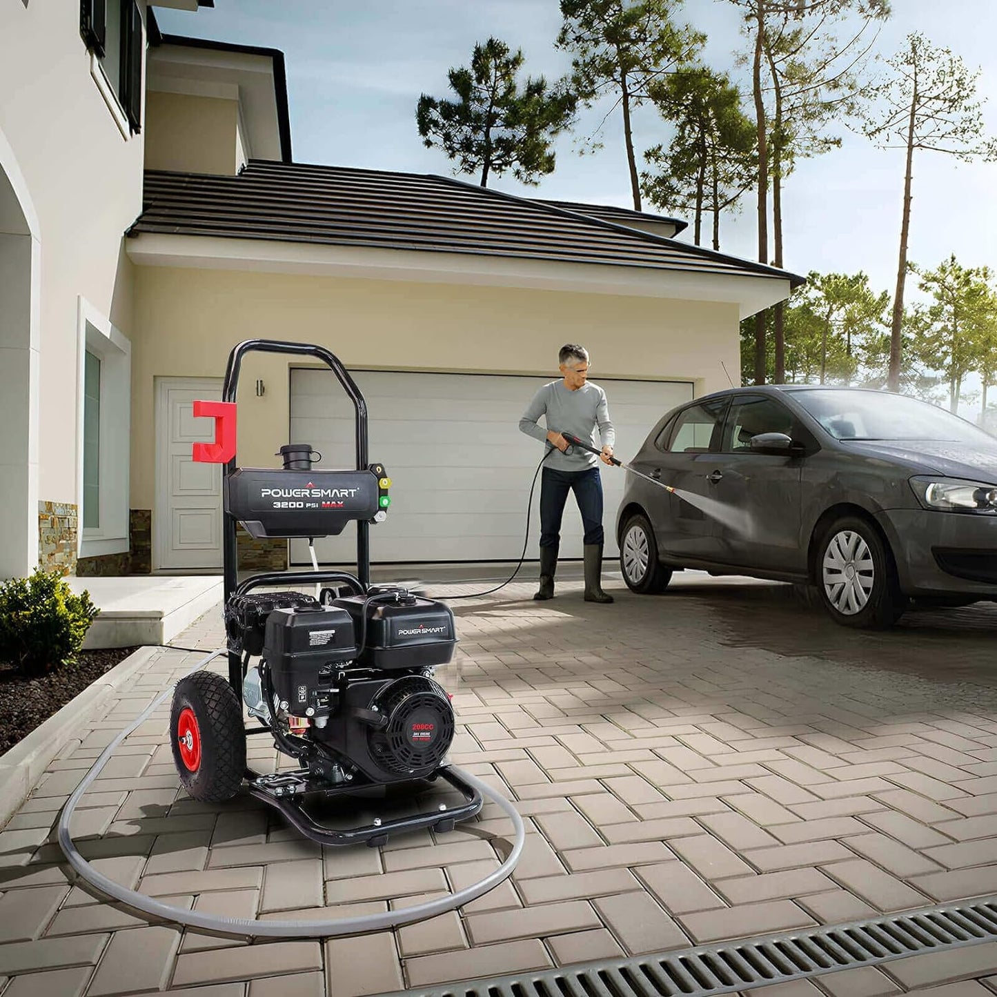 PowerSmart 208cc Gas Powered Pressure Washer, Onboard Soap Tank,3200PSI 2.5 GPM Axial Cam Pump, 5 QC Nozzles 5ft Hose, Spray Gun and Wand for Cars or Homes