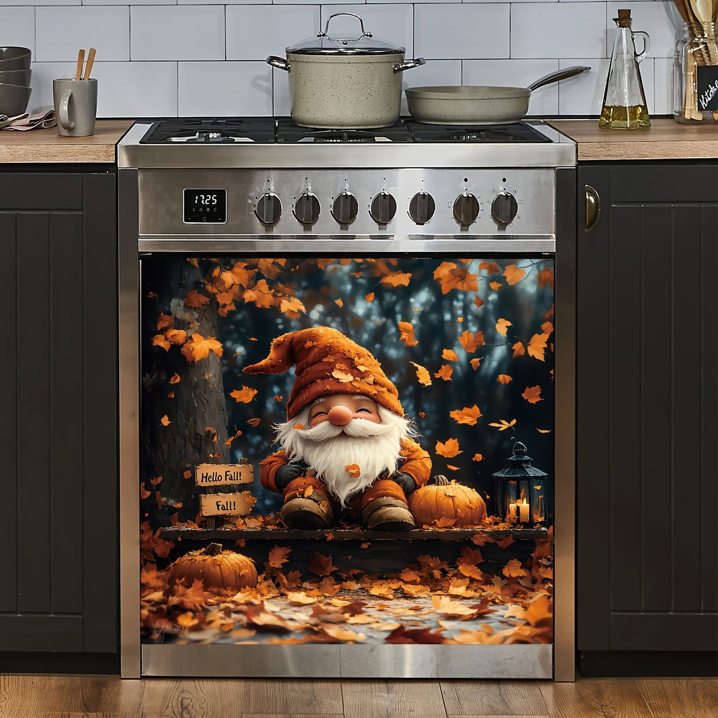 Charming Gnome & Pumpkin Maple Leaf Magnetic Cover - Perfect for Dishwashers, Refrigerators | Easy Clean, No Glue Needed | Ideal for Kitchen Decor | 23.03x25.59 Inches