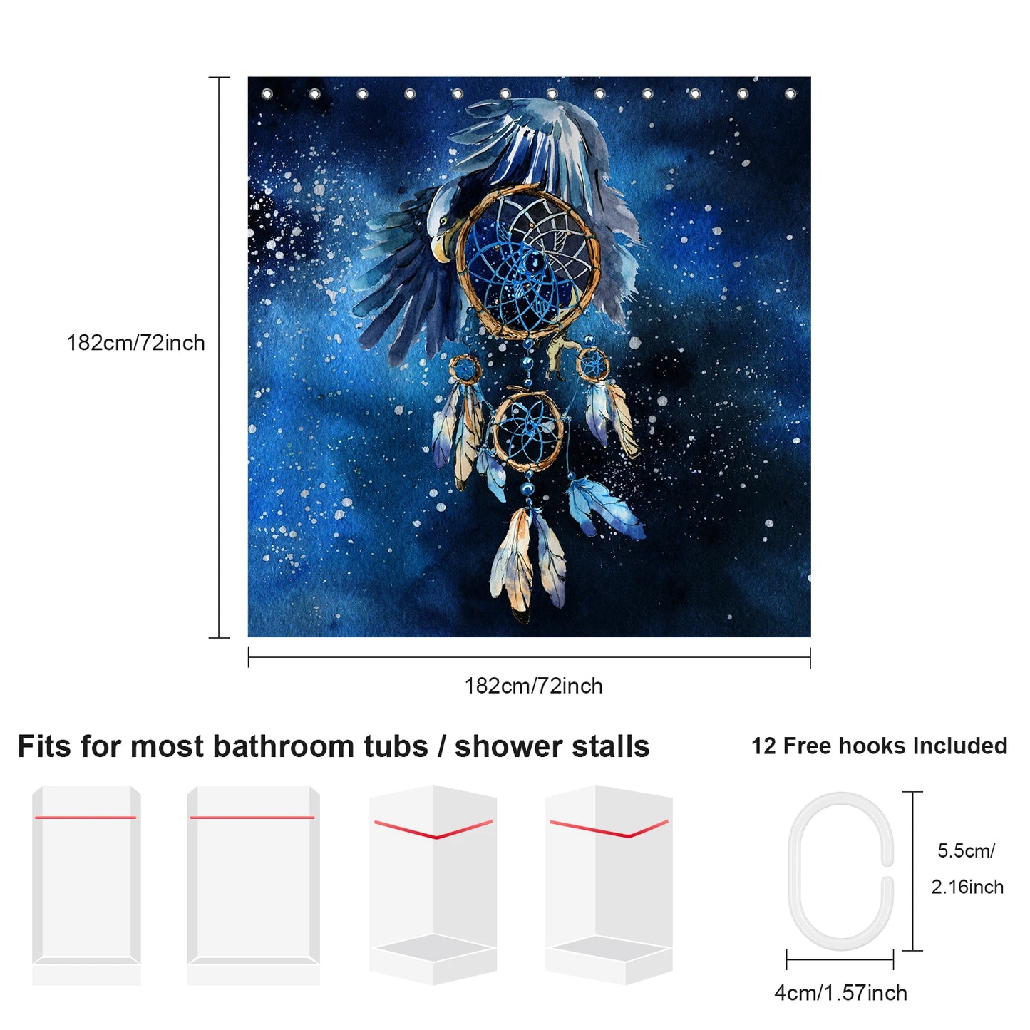 Dreamcatcher Shower Curtain Waterproof Polyester Bath Curtain With 12 Hooks Blue Bathtub Screen Garden Curtains 72x72 inch