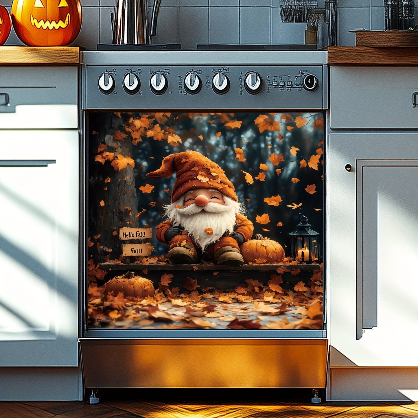 Charming Gnome & Pumpkin Maple Leaf Magnetic Cover - Perfect for Dishwashers, Refrigerators | Easy Clean, No Glue Needed | Ideal for Kitchen Decor | 23.03x25.59 Inches