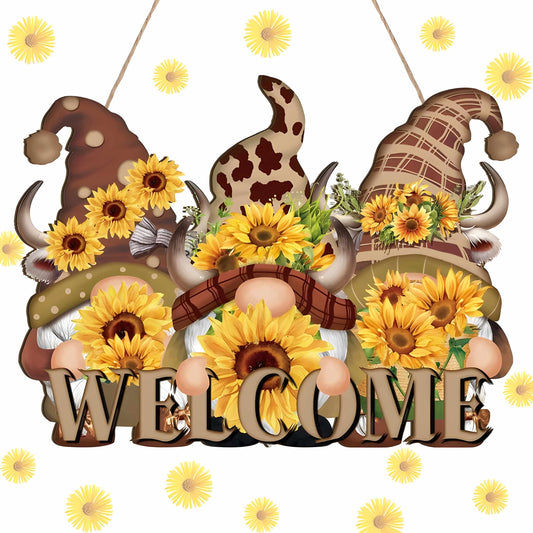 Charming Sunflower & Gnome Welcome Sign - Wooden Door Hanger for Home Decor, Perfect for Fall, Halloween, Christmas, Thanksgiving - Versatile Indoor/Outdoor Wall Art for Bedroom, Living Room, Kitchen