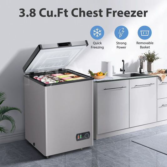 Chest Freezer 3.5 Cubic Feet with Removable Storage Basket, Deep Freezer 7 Adjustable Temperature, Energy Saving