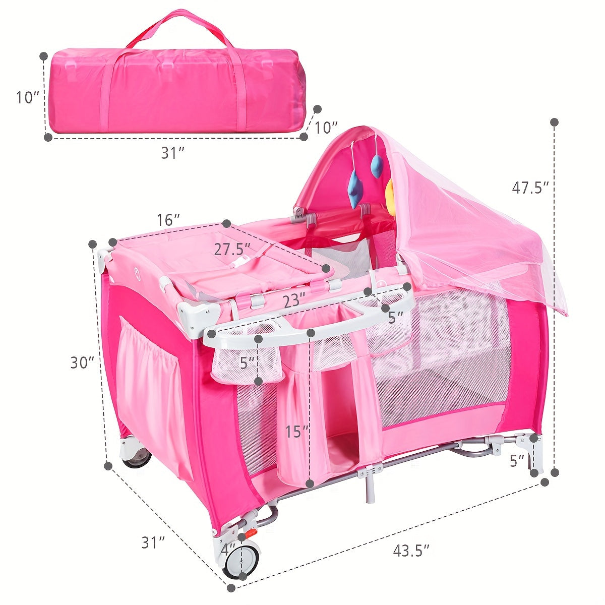 GYMAX 2-in-1 Baby Playard with Bassinet, Foldable Playpen, Changing Table, Removable Mattress for Girls & Boys