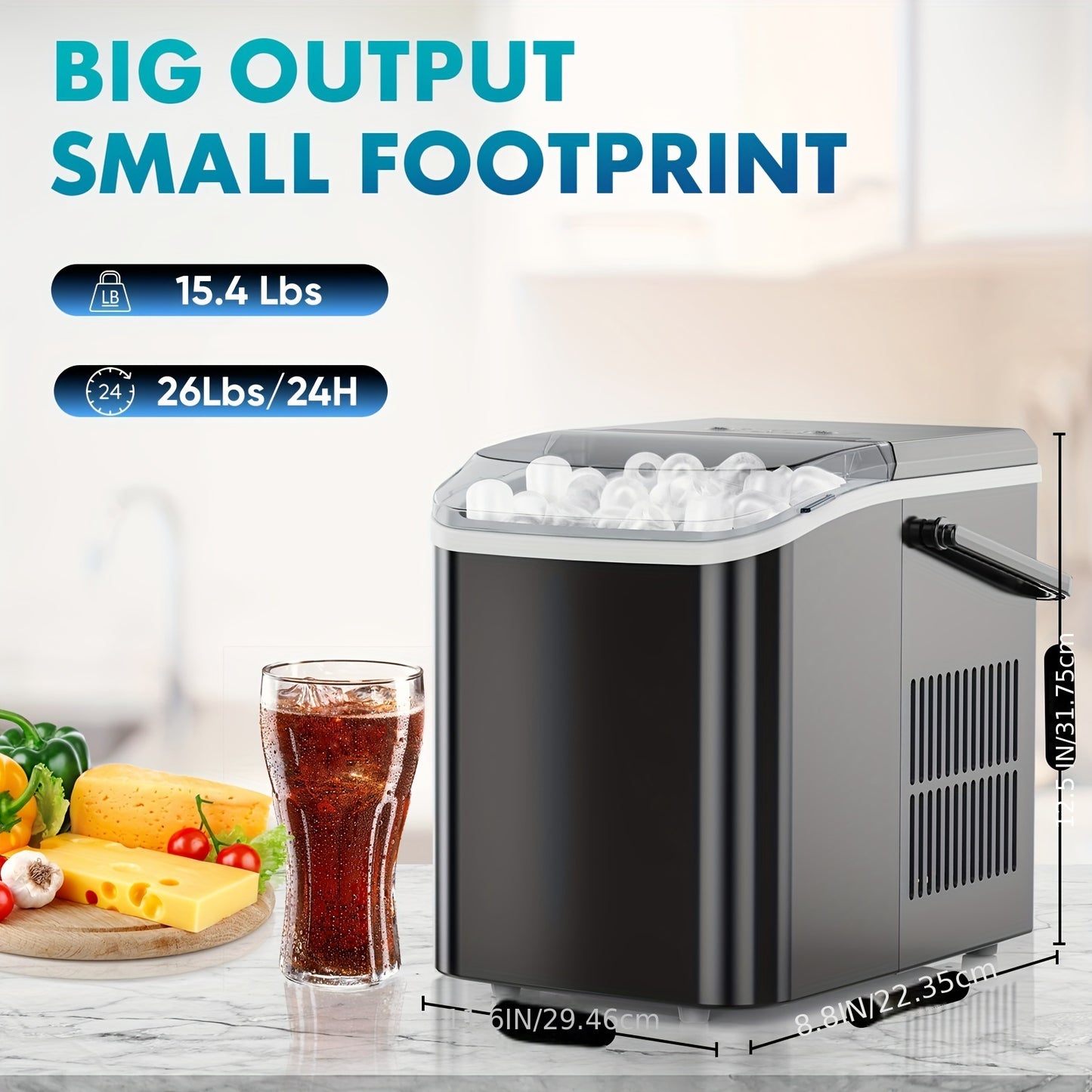 DUMOS Countertop Ice Maker, Portable Ice Machine Self-Cleaning, 9 Cubes in 6 Mins, 26.5lbs/24Hrs, 2 Sizes of Bullet Ice,with Ice