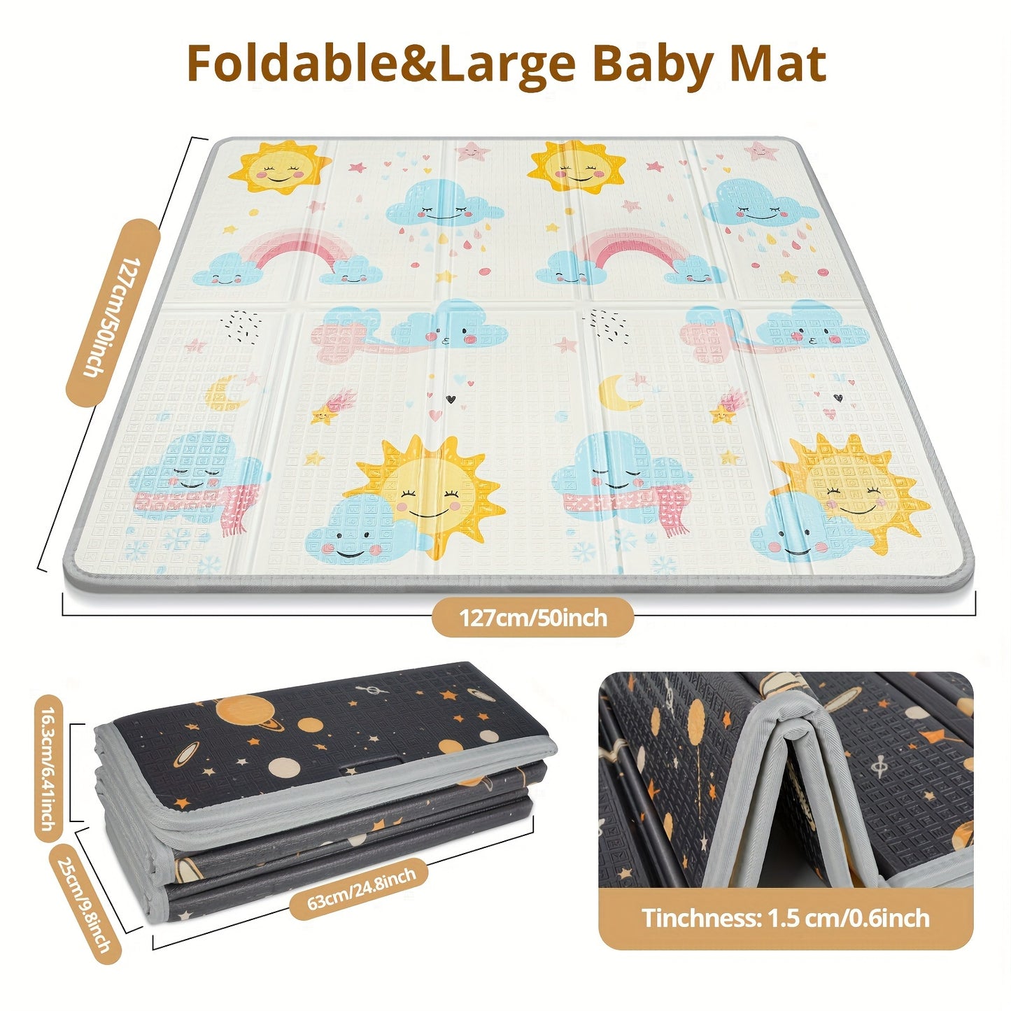 Infant Play Mat, 50x50 inches, 0.6 inches Thick, Waterproof, Safe Foam, Reversible, Portable, Baby Floor Mat, Christmas Thanksgiving Gift, Dual-Sided Pattern (Sun & Stars), Mixed Colors, PE Surface, for Baby Crawl and Toddler Play Area