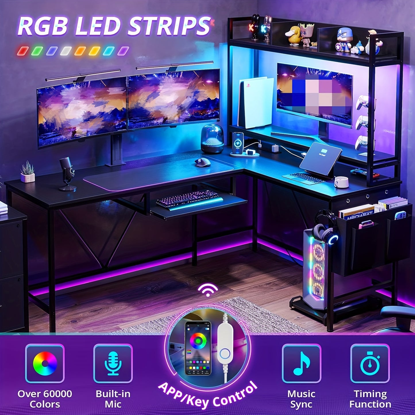 "Reversible L Shaped Gaming Desk - 55in, LED Strip, Power Outlet, Storage Cabinet, Shelf, Bag, Keyboard Tray, Headphone Hook (Black)"