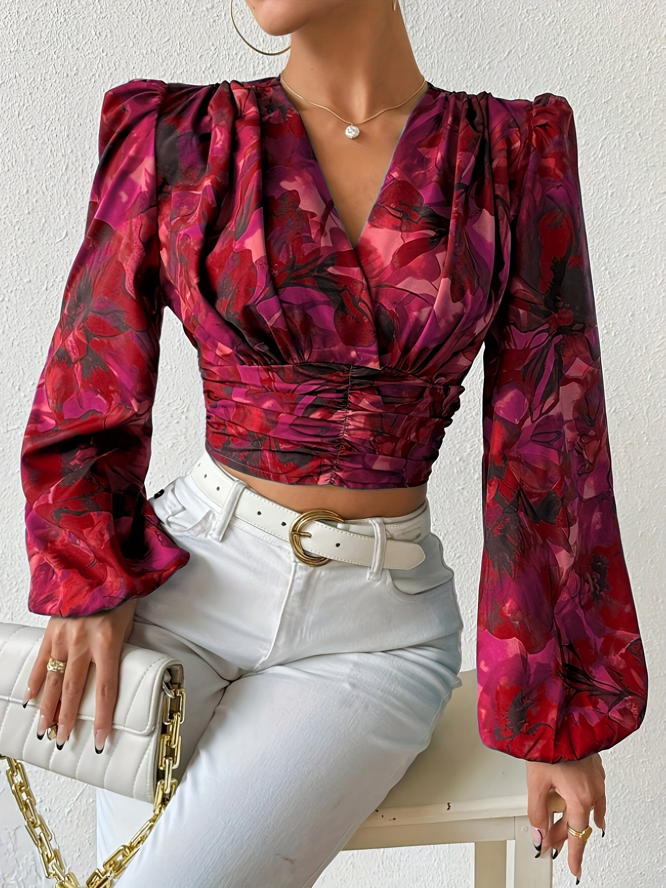 Elegant Floral Print V-Neck Blouse with Ruffle Trim - Machine Washable, Polyester, All-Season Women's Fashion Top