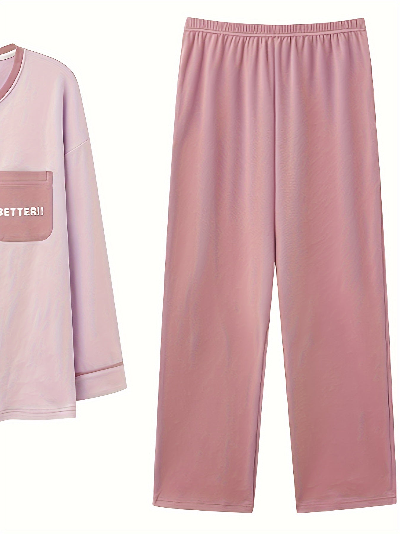 Colorblock Letter Print Pajama Set, Cozy Long Sleeve Round Neck Top & Elastic Pants, Women's Sleepwear & Loungewear