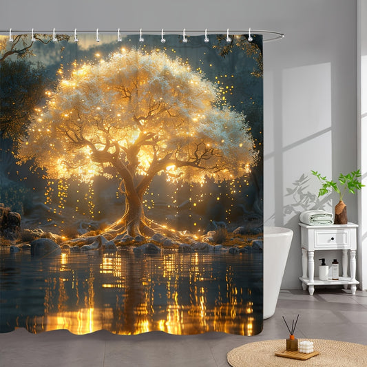 1pc Enchanted Tree Shower Curtain, Nature Landscape With Magical Tree By Lake, Fantasy World Theme, Home Bathroom Decor With Hooks, Waterproof Bath Partition Curtain