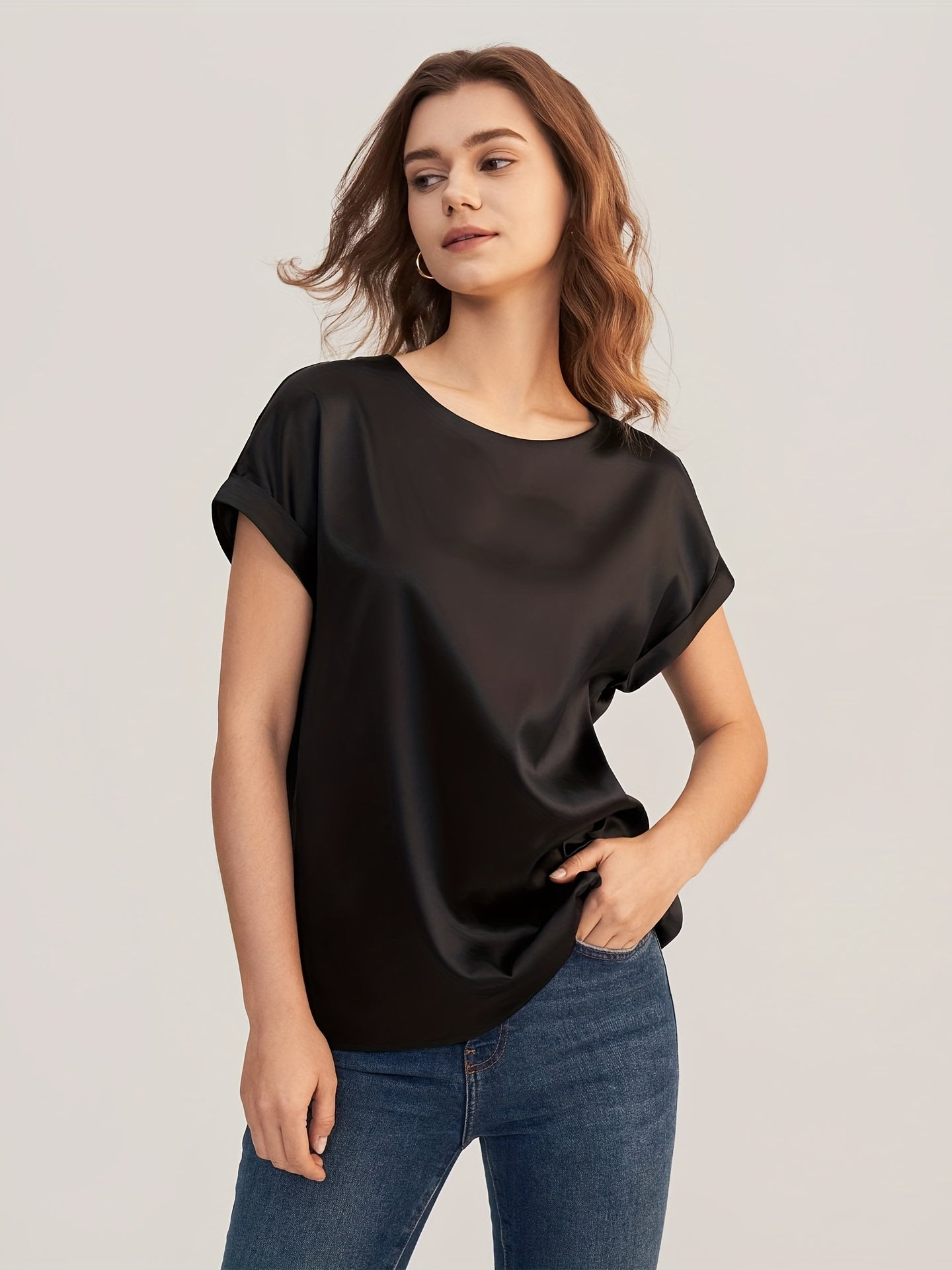 Summer Women T-shirt Smooth Satin Solid Color O-Neck Short Sleeve Lady Tee Shirt Loose Fit Polyester Skin-touching Female Top