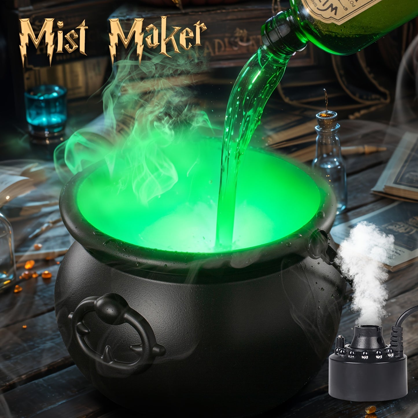 Indoor Halloween Decorations - Witches Cauldron With Magic Bottles & Fog Maker - Halloween Party Decor For Home Room Mantel Table Gifts