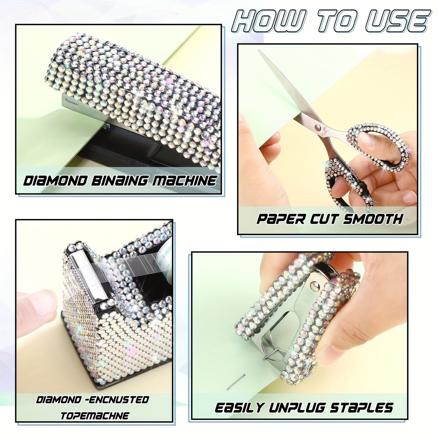 10 Pcs Bling Office Accessories For Desk Bling Crystal Office Supplies Set Desk Accessory Kit Glitter Stapler Staple Remover Tape Dispenser Diamond Pen Scissors For Women Office Home Desk (Silver)