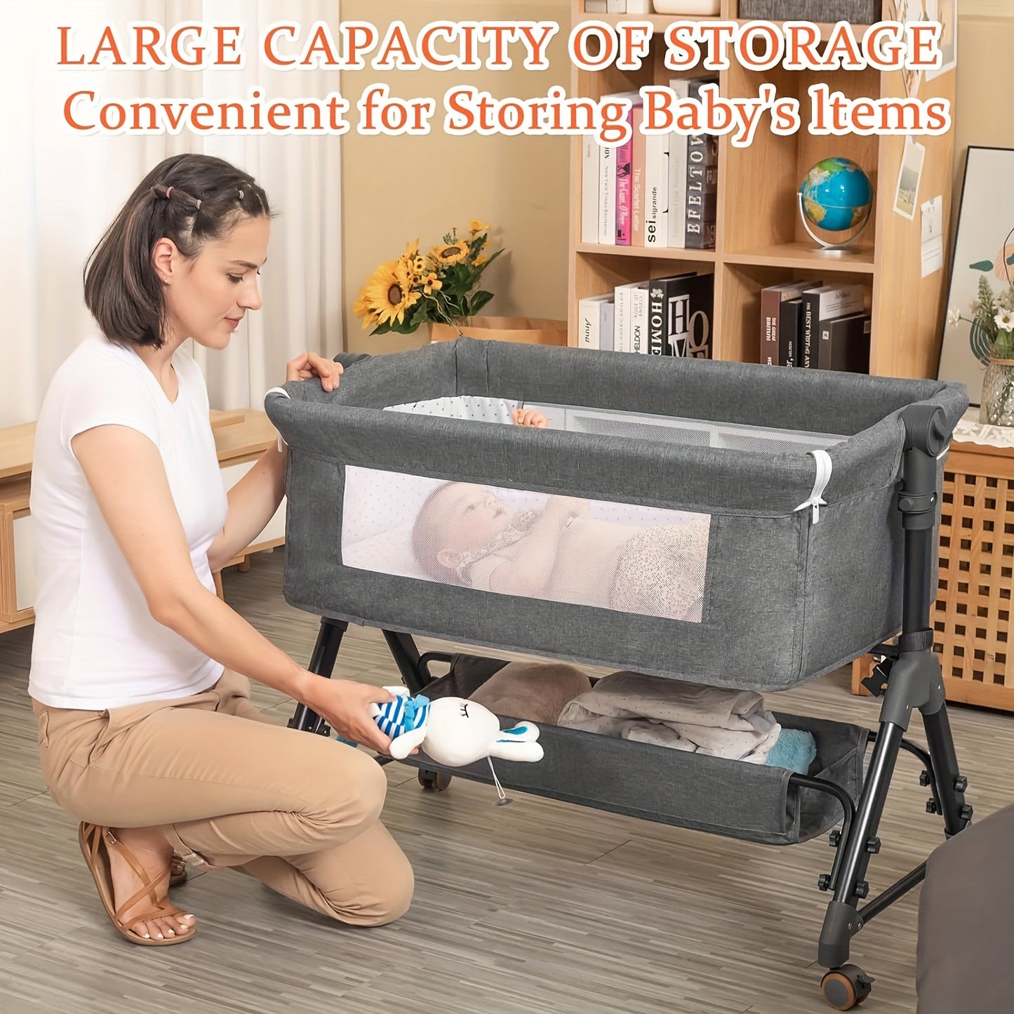 Bassinet Bedside Sleeper, Easy Folding Portable Bassinet 3 In 1 With Adjustable Height, Breathable Net, Large Storage Basket And Mosquito Net