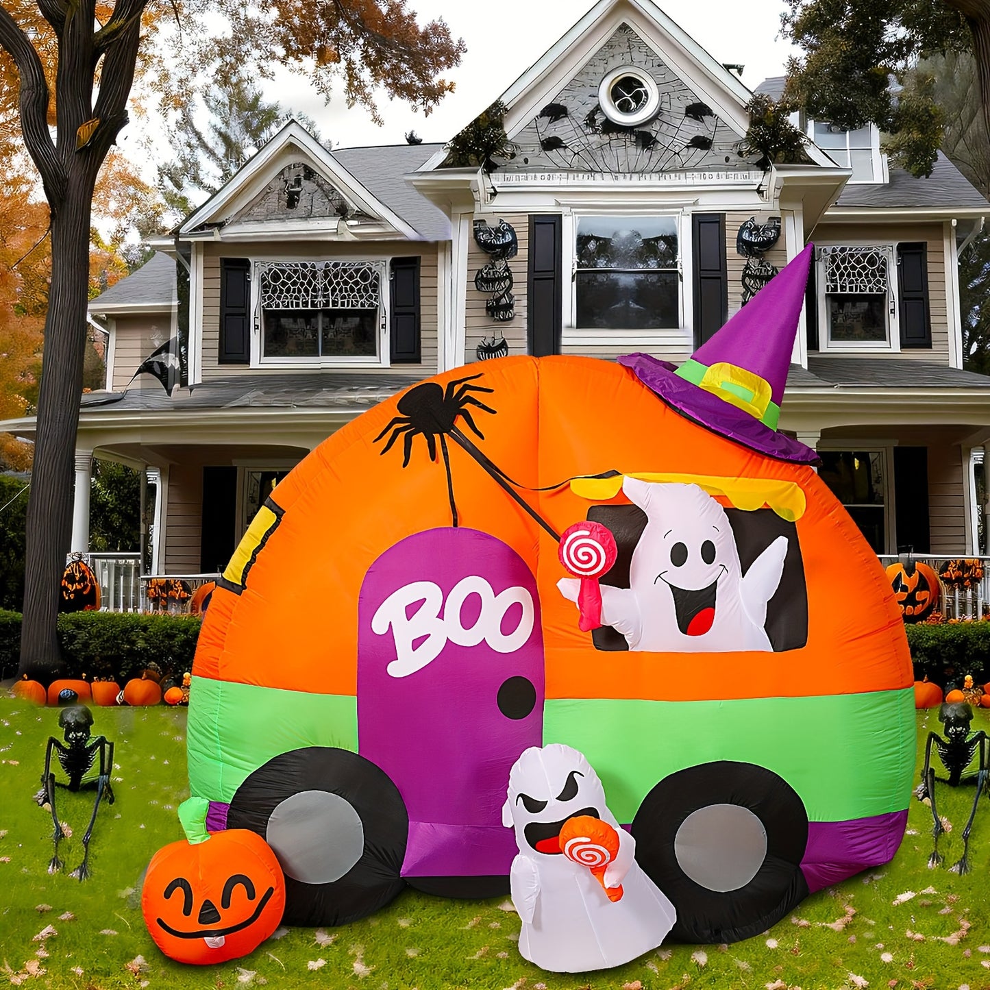 Halloween Inflatable Yard Decorations, 6Ft Tall Blow Up Ghost Bus With Spider, Pumpkin, Witch Hat, Light Up Holiday Inflatables Decorations For Indoor Outdoor, Party, Garden, Lawn