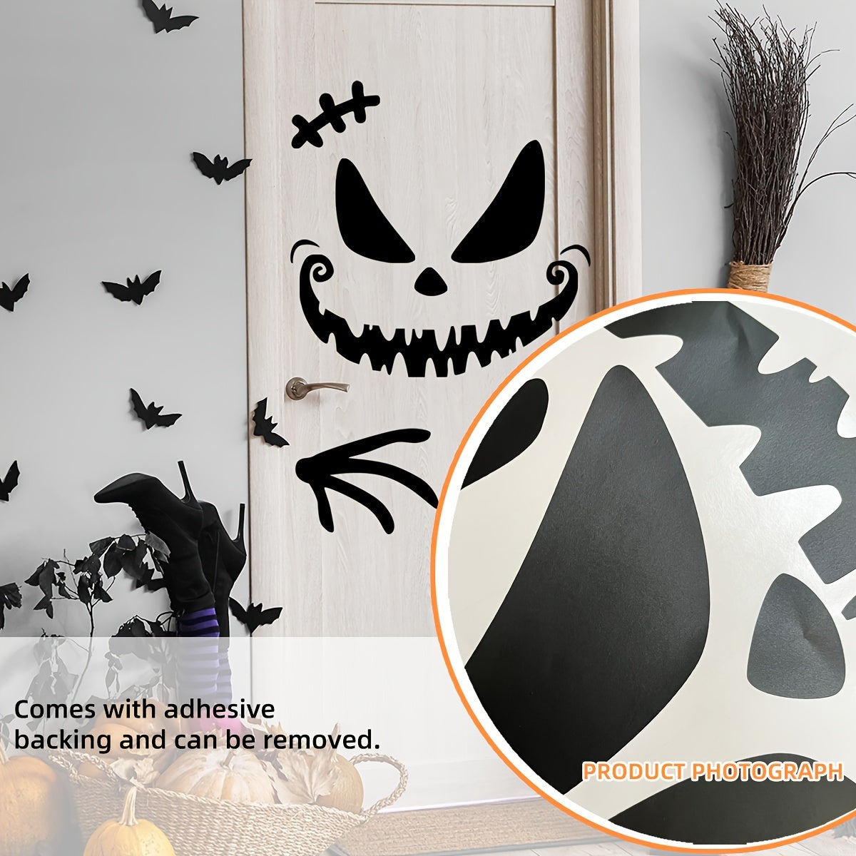 Festive Halloween Door Decal: 11.81x23.62inch Black Sticker with Spooky Design - Self-Adhesive, Reusable, Durable Wall Art for Home Decor