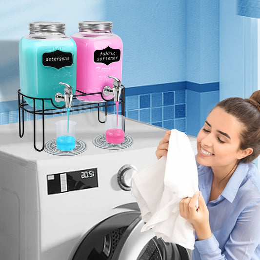 2-Pack 1.25 Gallon Glass Laundry Detergent Dispensers with Faucets - Effortless Pouring, Screw Lid, Stand, Rubber Drip Mats - Laundry Room Upgrade for Fabric Softener, Liquid Detergent