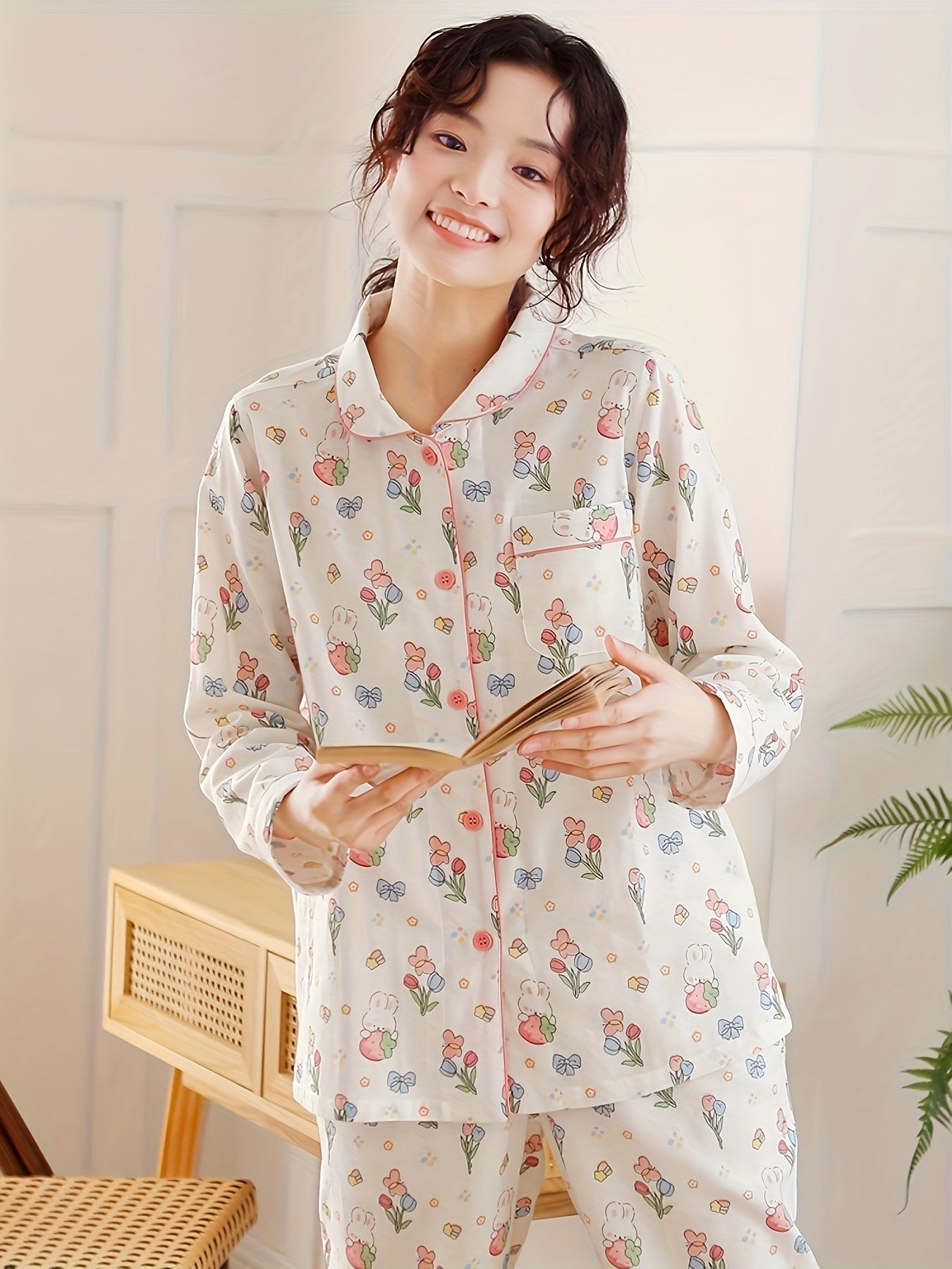 Women's Cute Bunny & Tulip Print Lounge Set, Long Sleeve Buttons Lapel Top & Pants, Comfortable Relaxed Fit For Fall