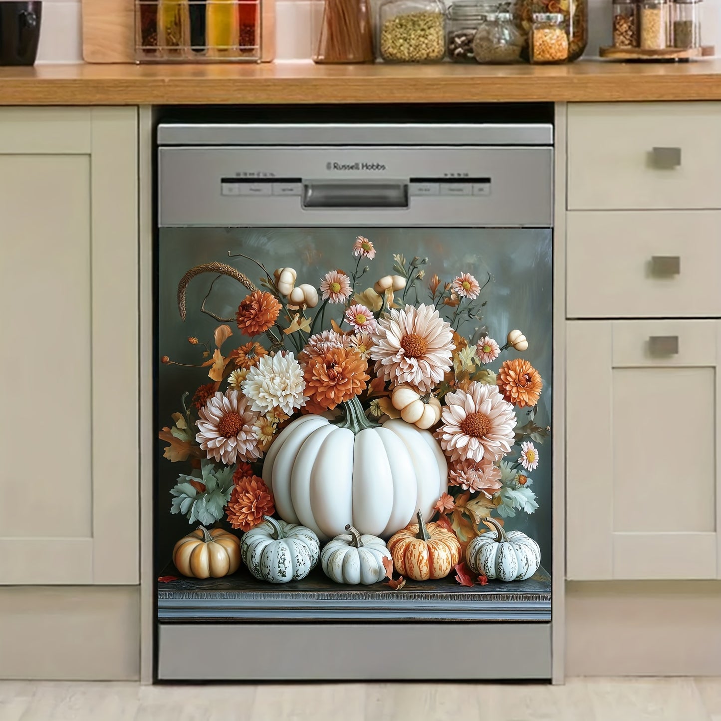 Chic Pumpkin & Autumn Chrysanthemum Magnetic Cover for Dishwasher and Refrigerator - Easy Clean, No Glue Needed - Perfect for Kitchen Decor, 23.03x25.59 Inches