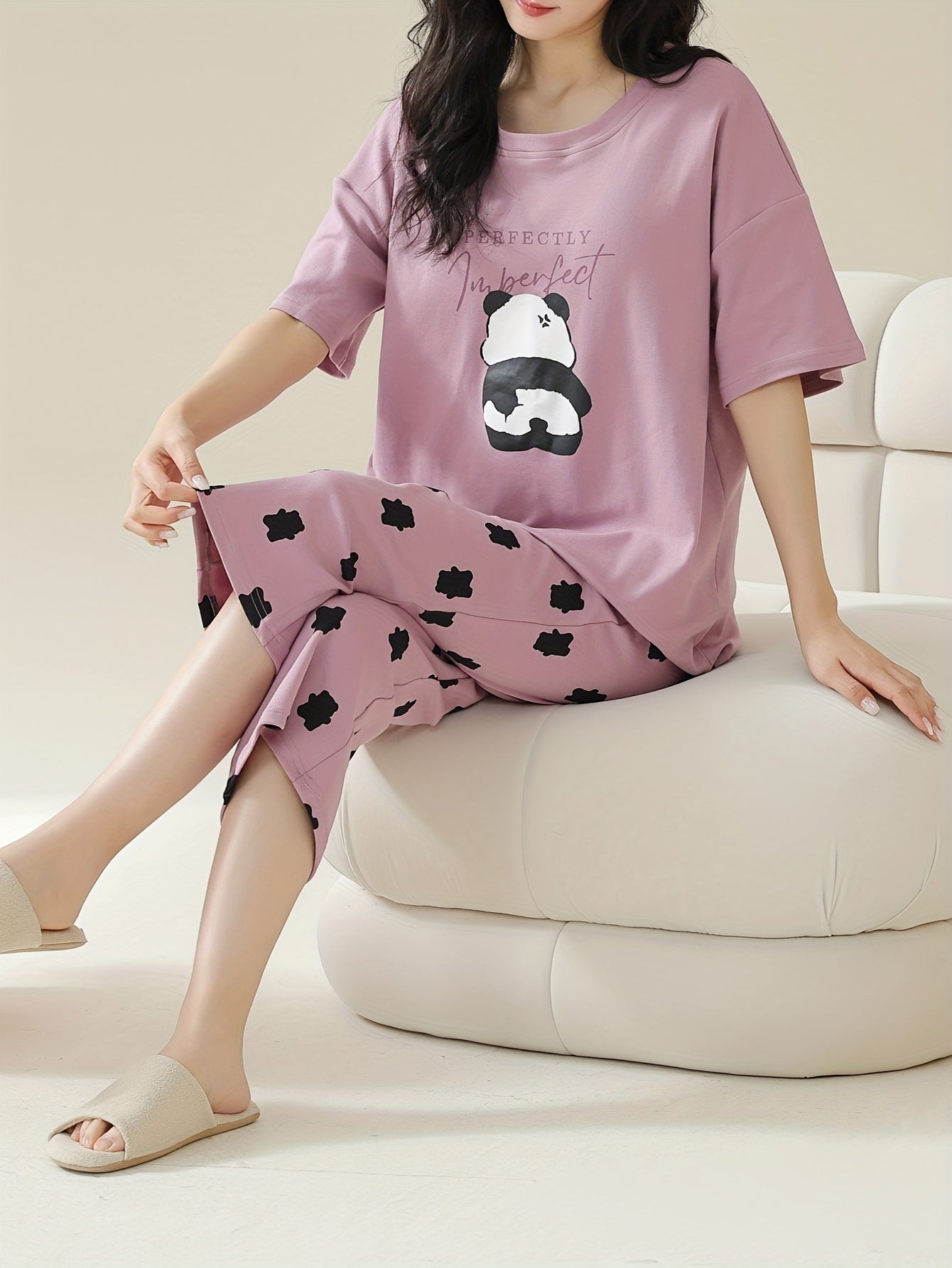 Women's Cute Panda & Polka Dot Print Loose Fit Pajama Set, Drop Shoulder Short Sleeve Round Neck Padded Top & Capri Pants, Comfortable Relaxed Fit