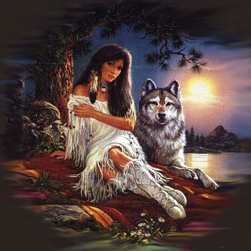 DIY 5D Diamond Painting Kit - Native American Woman & Wolf Theme, Round Acrylic Drills, Full Drill Diamond Art Embroidery Cross Stitch for Home Wall Decor Gift