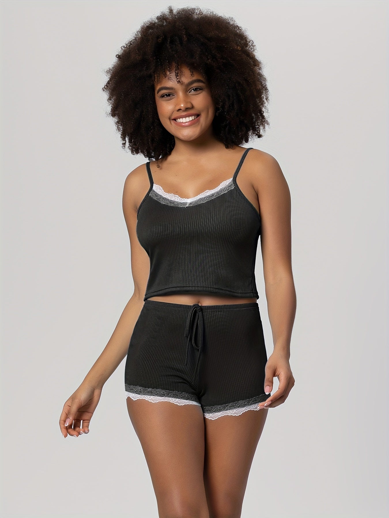 Contrast Lace Pajama Set, Sleeveless Cami Top & Elastic Waistband Shorts, Women's Sleepwear & Loungewear