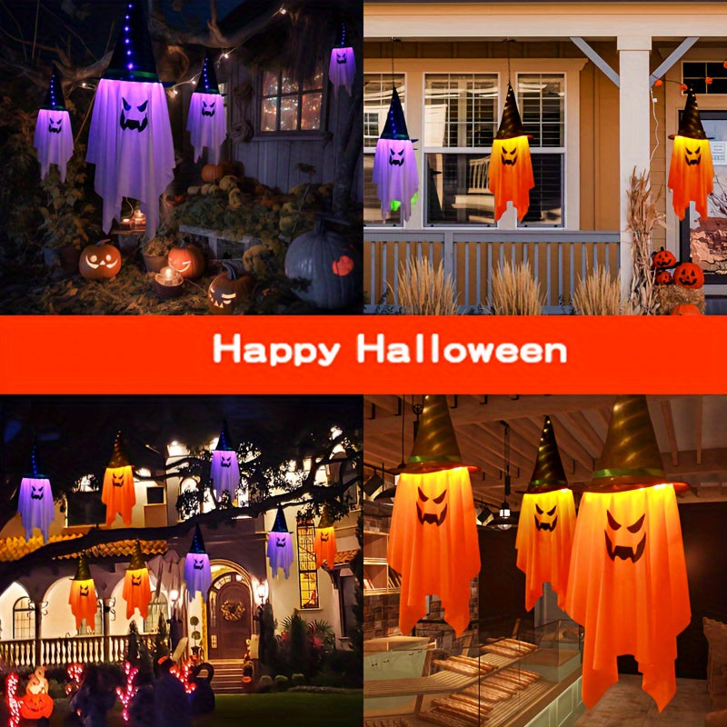 2-Piece LED Flying Ghost Set - Large Halloween Indoor/Outdoor Hanging Decoration, Glow-in-the-Dark For Front Yard, Porch, Trees - Battery Powered.