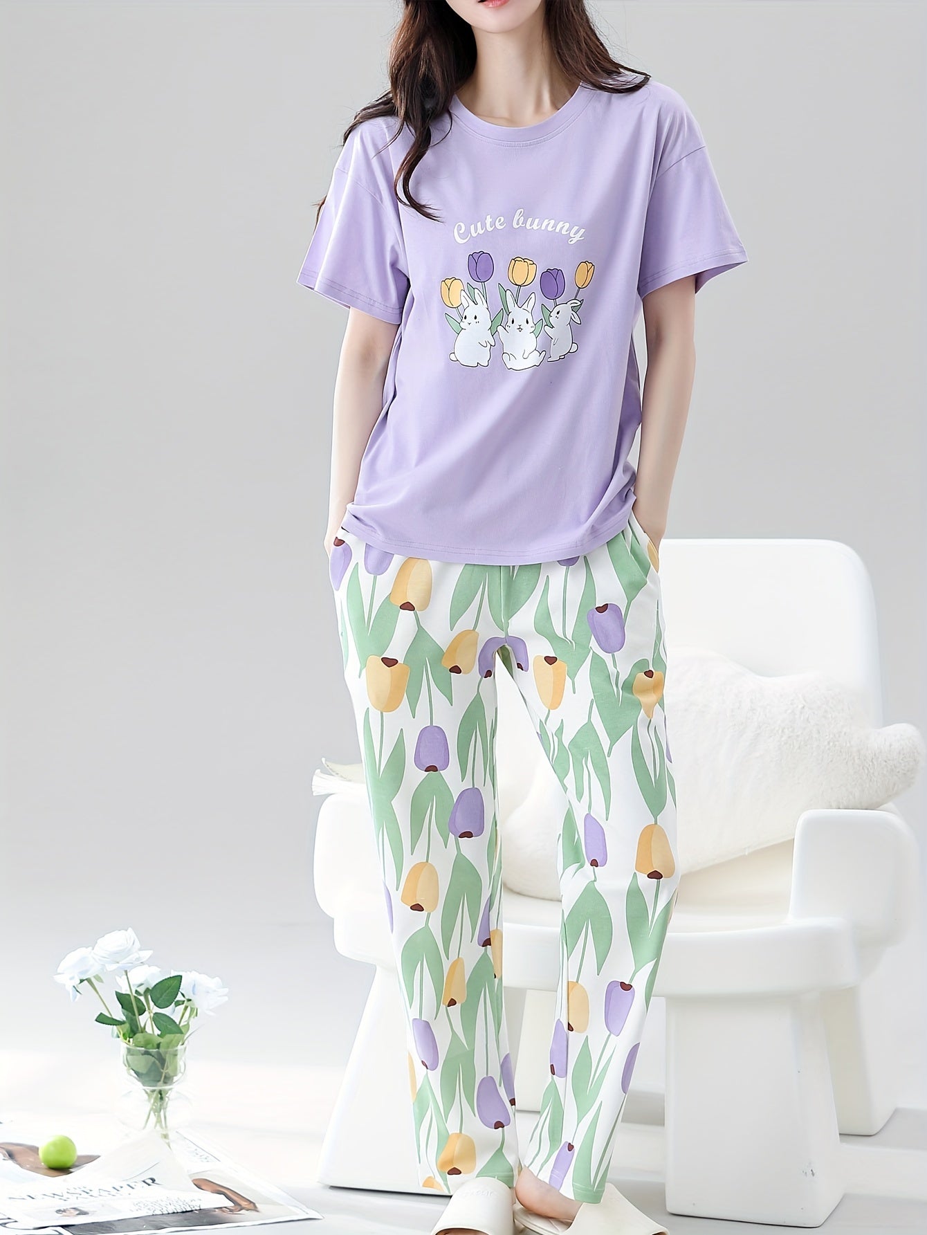 Cozy Cotton Pajama Set For Women - Floral & Bunny Print, Short Sleeve Top With Long Pants, Casual Loungewear For Spring/Fall