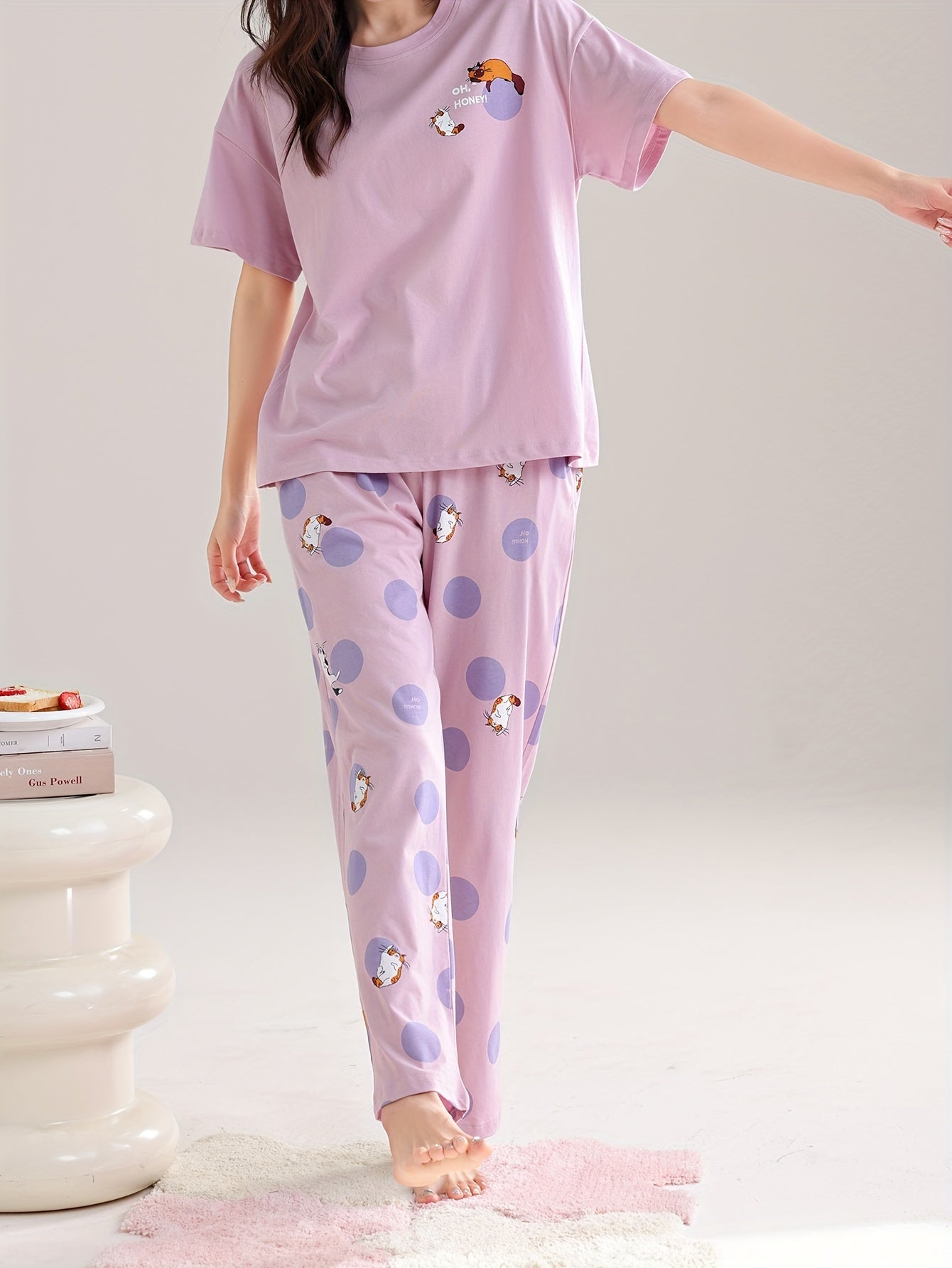 Women's Cute Cat & Polka Dot Print Lounge Set, Short Sleeve Round Neck Top & Pants, Comfortable Relaxed Fit