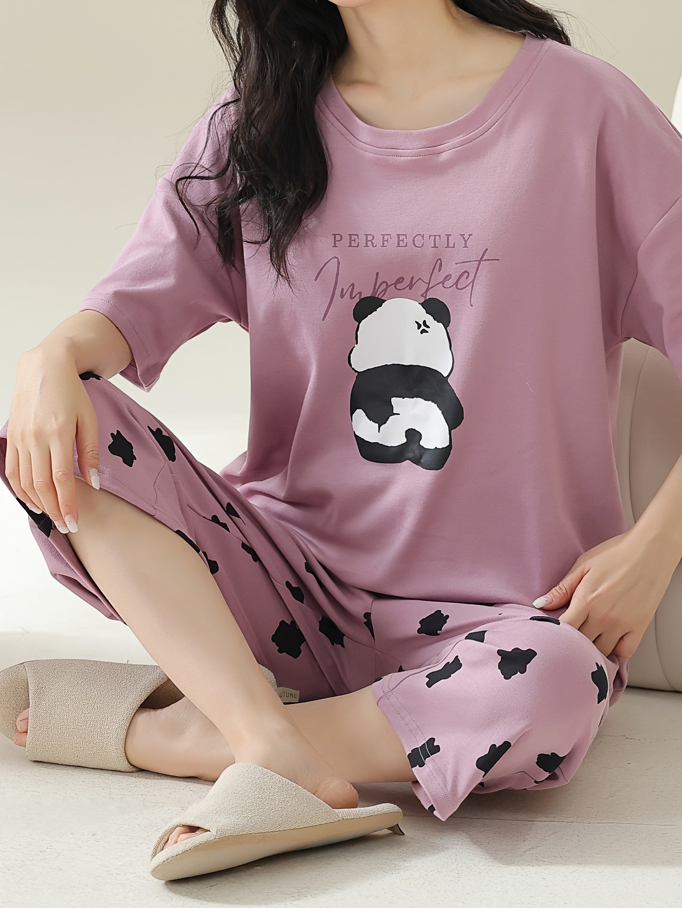 Women's Cute Panda & Polka Dot Print Loose Fit Pajama Set, Drop Shoulder Short Sleeve Round Neck Padded Top & Capri Pants, Comfortable Relaxed Fit