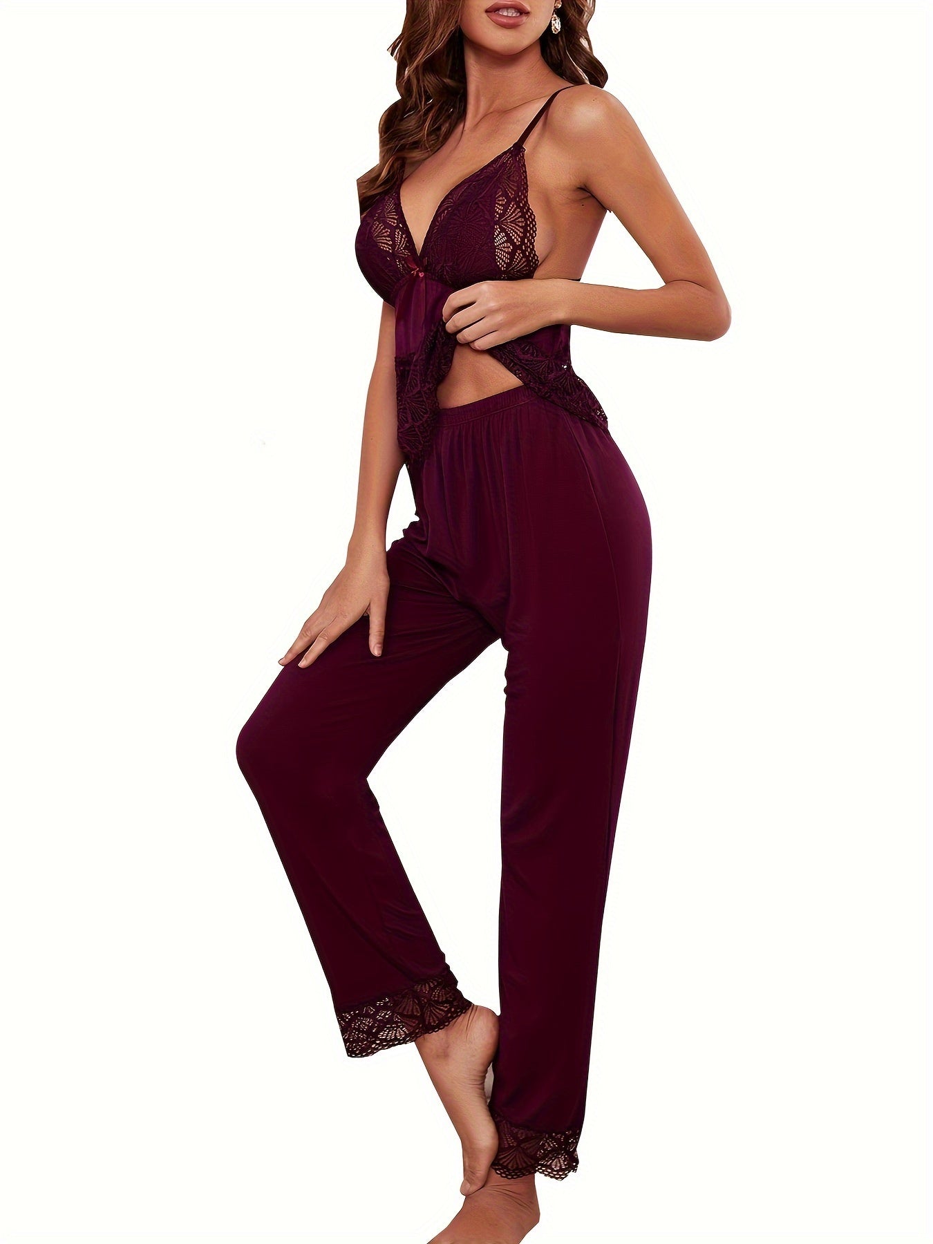 Women's Sexy Solid Contrast Lace Pajama Set, V Neck Backless Cami Top & Pants, Comfortable Relaxed Fit