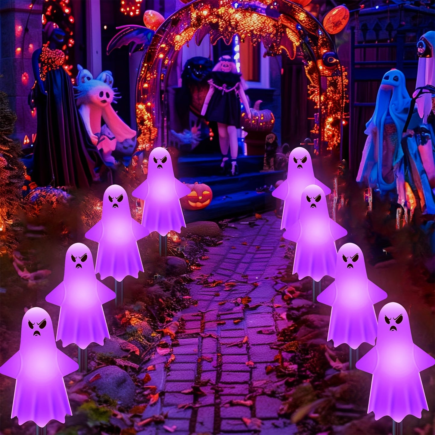 Anylincon 12pcs Solar-Powered Ghost Lights - Perfect For Halloween & Day Of The Dead Decor | Spooky Heads With 8 Lighting Modes | Ideal For Pathways, Landscapes, Yards & Lawns | Durable Plastic, Easy Install