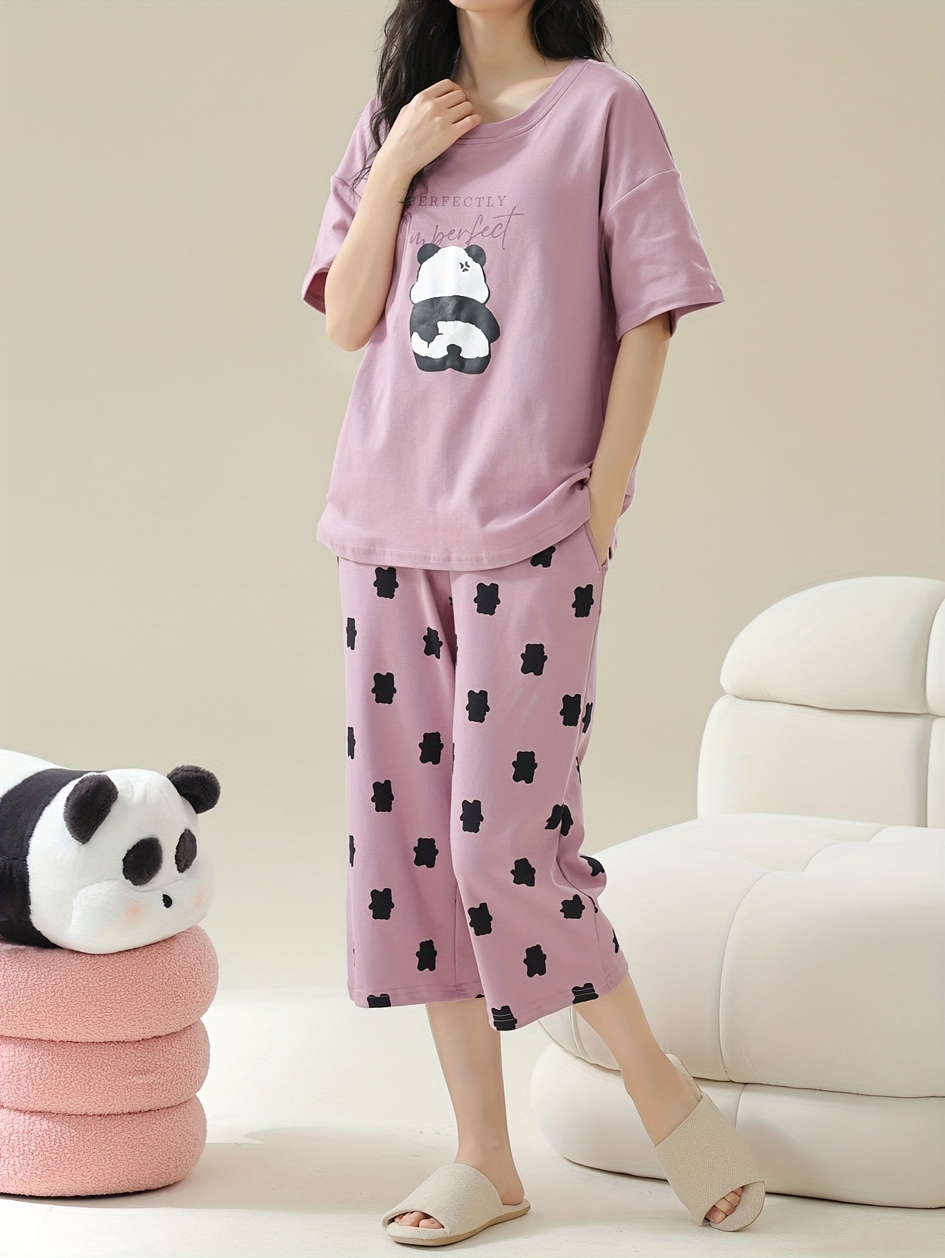 Women's Cute Panda & Polka Dot Print Loose Fit Pajama Set, Drop Shoulder Short Sleeve Round Neck Padded Top & Capri Pants, Comfortable Relaxed Fit