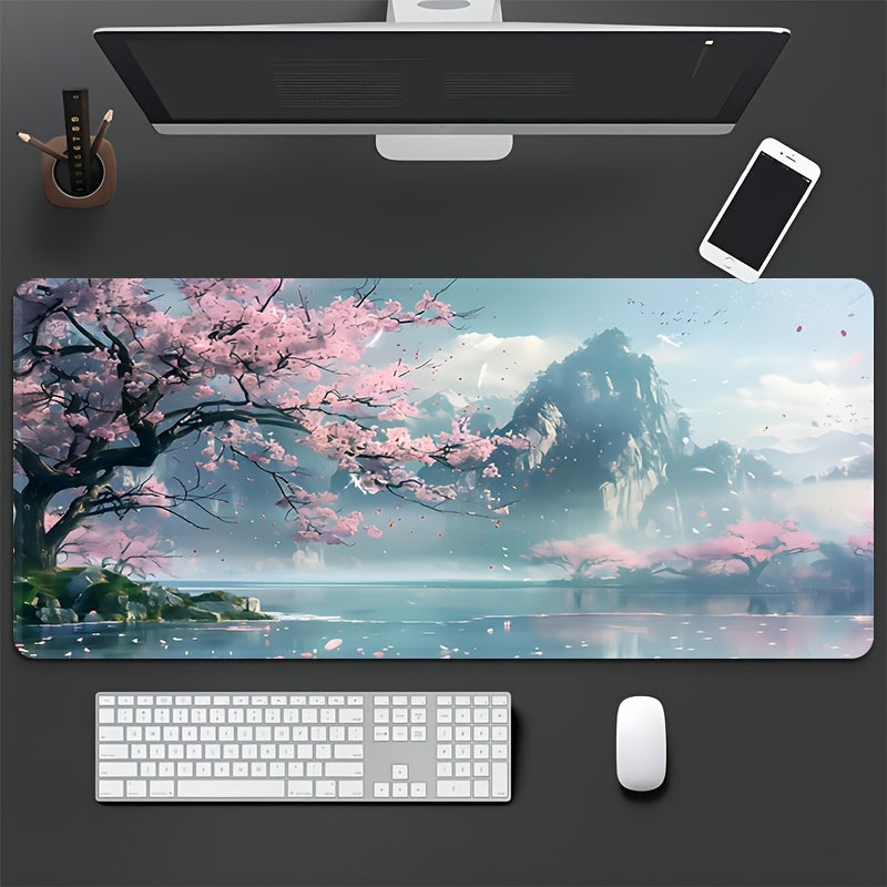 Large Gaming Mouse Pad With Traditional Chinese Landscape Design - Waterproof Rubber Base & Stitched Edges For Keyboard And Desk Protection - Ideal For Home Office, School, And Gifts