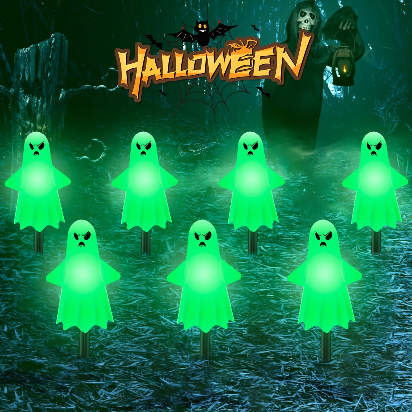 Anylincon 12pcs Solar-Powered Ghost Lights - Perfect For Halloween & Day Of The Dead Decor | Spooky Heads With 8 Lighting Modes | Ideal For Pathways, Landscapes, Yards & Lawns | Durable Plastic, Easy Install