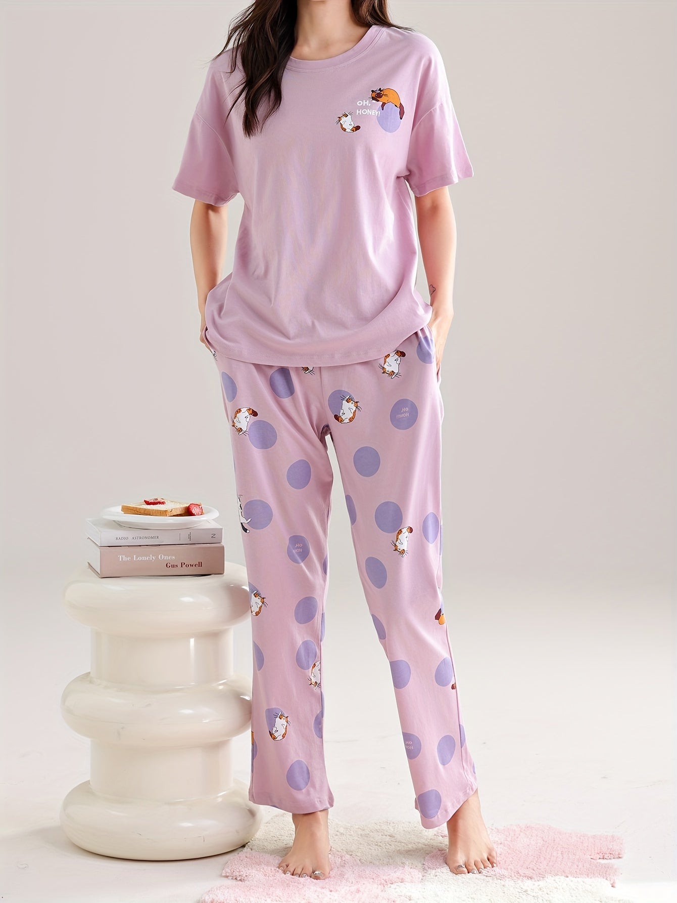 Women's Cute Cat & Polka Dot Print Lounge Set, Short Sleeve Round Neck Top & Pants, Comfortable Relaxed Fit