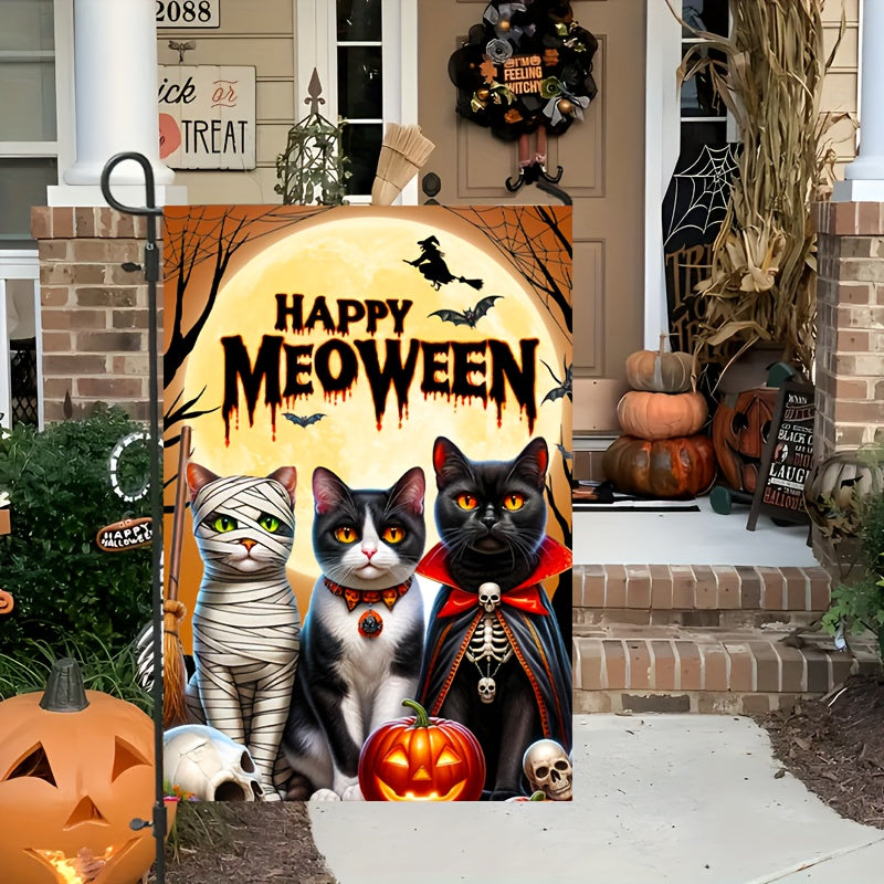 Spooky Halloween Cat Banner with Mummy, Vampire & Witch - Versatile Indoor/Outdoor Decor for Garden & Patio